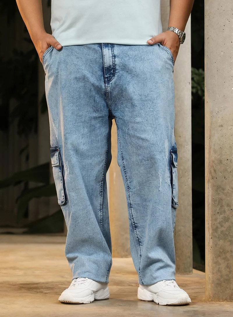 انستافاب بلس Instafab Plus Men's Navy Blue Straight-Fit Utility Denim Jeans | Mid-Rise , Straight Hem , Button Closure | Light-Distress Denim Cotton Material For Street & Casual Wear