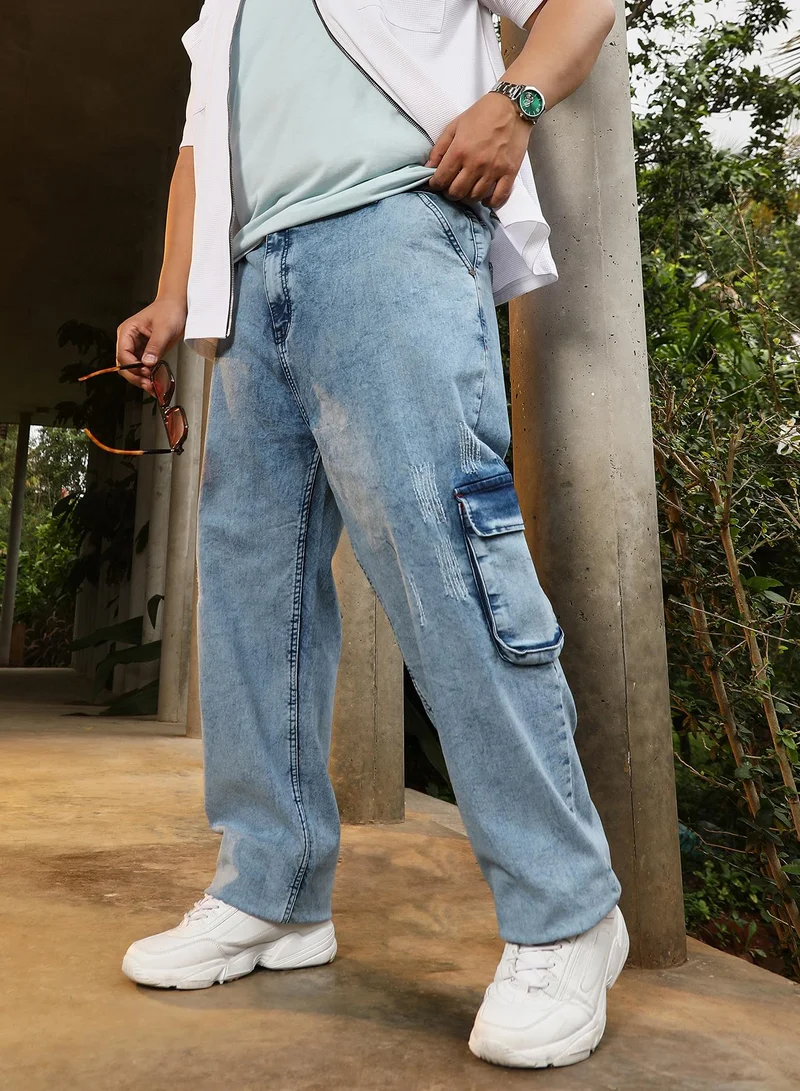انستافاب بلس Instafab Plus Men's Navy Blue Straight-Fit Utility Denim Jeans | Mid-Rise , Straight Hem , Button Closure | Light-Distress Denim Cotton Material For Street & Casual Wear
