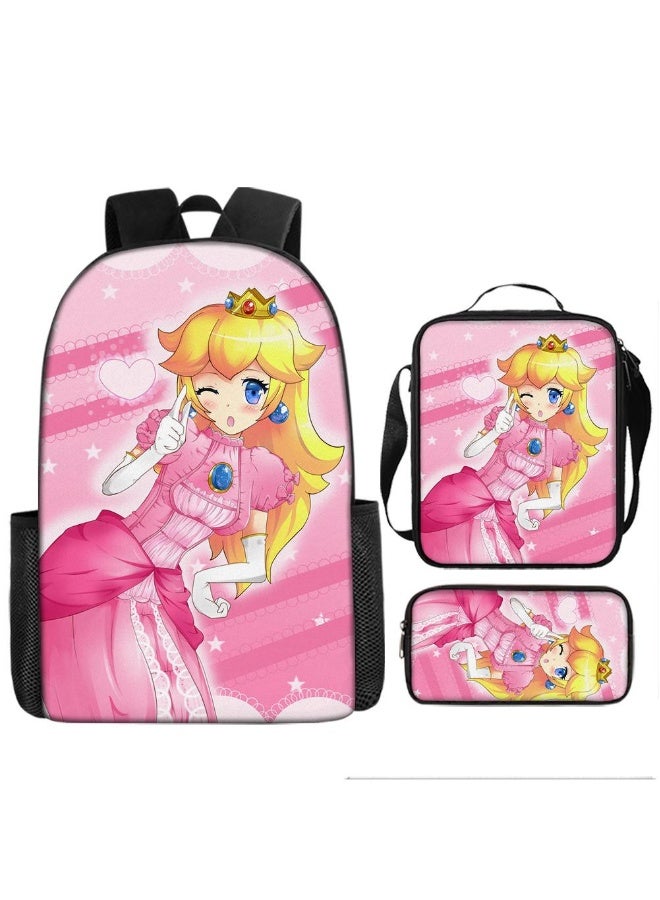 3 Pcs Princess Peach School Bag Satchel Pencil Case Animated Game Super Mario Gifts For Kids Birthday Gift Start Of School Gift - Image 1