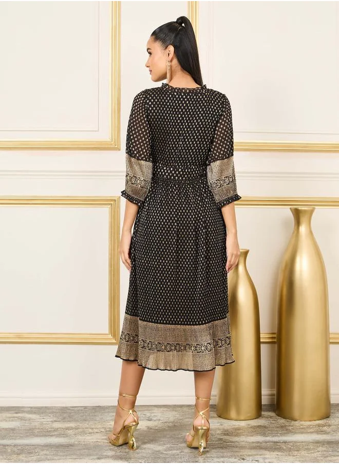 ستايلي AOP Pleated Ruffle Hem A-Line Midi Dress