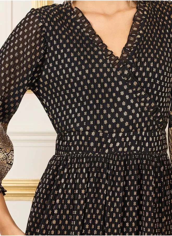ستايلي AOP Pleated Ruffle Hem A-Line Midi Dress