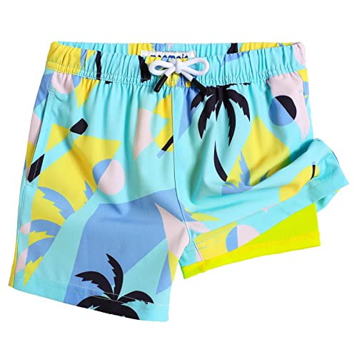 maamgic Boys Swim Trunks with Compression Liner Toddler Stretch Swim Shorts Quick Dry Swimming Trunks Boxer Brief 2 in 1 Beach Shorts Egg Yolk Coconut 5/6 - Image 1