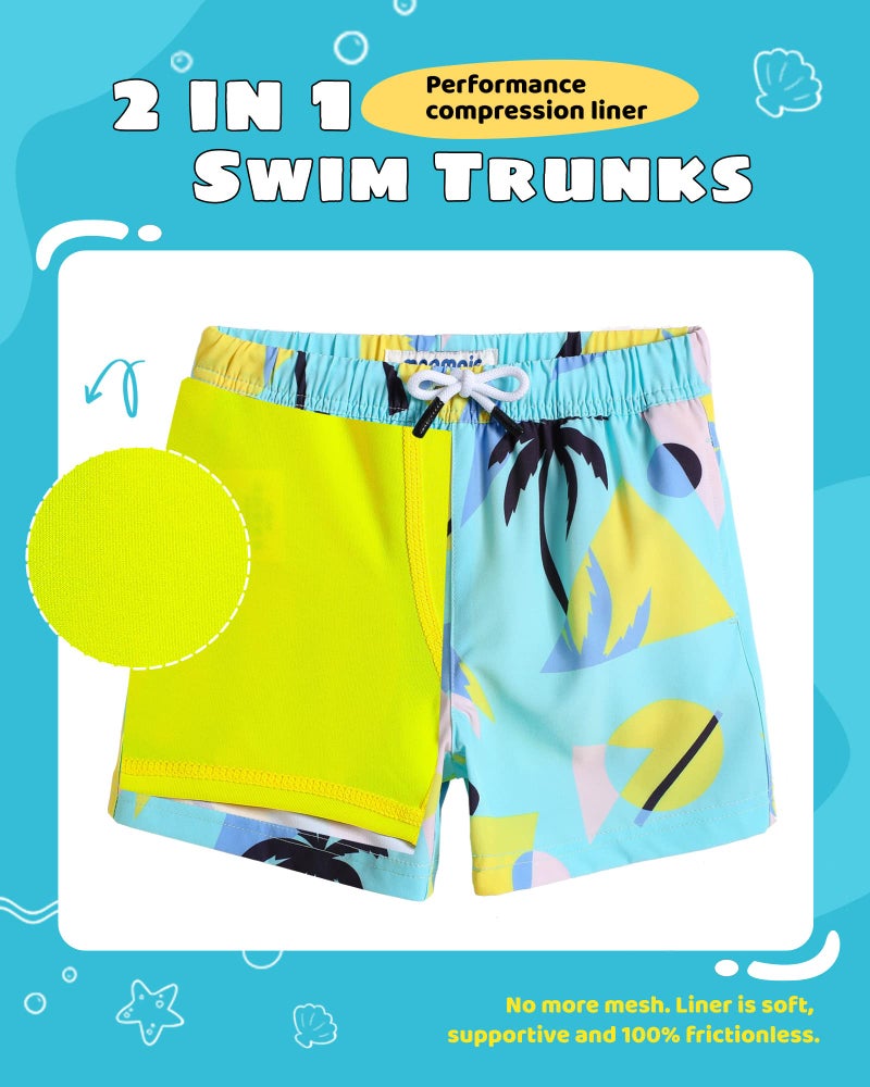 maamgic Boys Swim Trunks with Compression Liner Toddler Stretch Swim Shorts Quick Dry Swimming Trunks Boxer Brief 2 in 1 Beach Shorts Egg Yolk Coconut 5/6 - Image 3