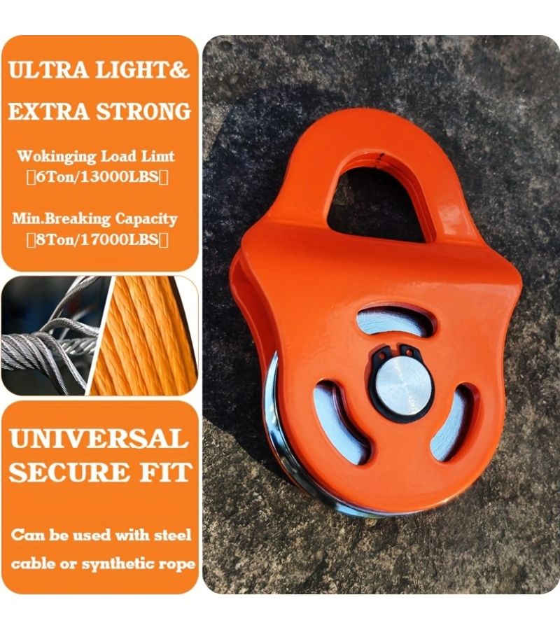 Heavy Duty 6 Ton Winch Pulley Block Red For Trucks Tractors Atvs Utvs Steel Synthetic Rope Towing - Image 5