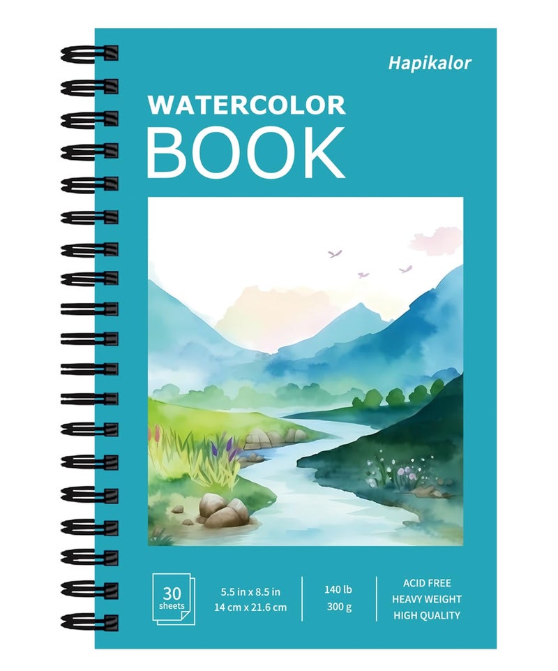 Hapikalor 5.5"x8.5"Watercolor Small Sketchbook for Kids, 30 Sheets (60 Pages) Spiral Bound, Water Color Paper, 140lb/300gsm Watercolor Paper, Watercolor Notebook, Watercolor Journal, Sketch Pad, Teal - Image 1