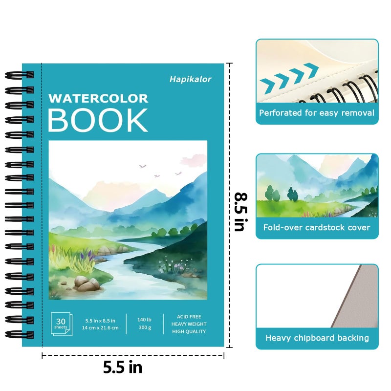 Hapikalor 5.5"x8.5"Watercolor Small Sketchbook for Kids, 30 Sheets (60 Pages) Spiral Bound, Water Color Paper, 140lb/300gsm Watercolor Paper, Watercolor Notebook, Watercolor Journal, Sketch Pad, Teal - Image 2