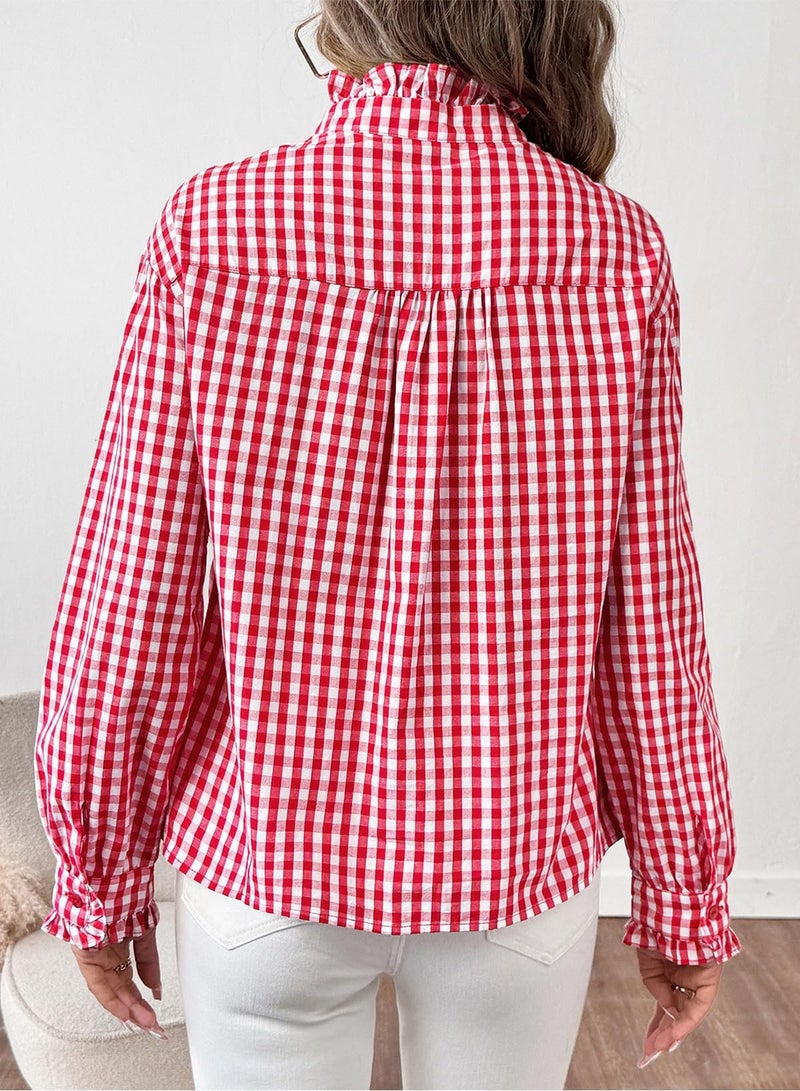 Astylish Womens Dressy Casual Button Down Shirts Ruffle Long Sleeve V Neck Checkered Work Blouse Business Casual 2025 Fall Blouse Tops Fiery Red Large - Image 3