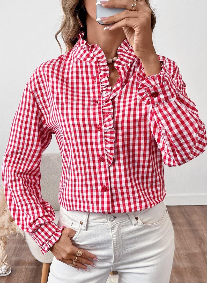 Astylish Womens Dressy Casual Button Down Shirts Ruffle Long Sleeve V Neck Checkered Work Blouse Business Casual 2025 Fall Blouse Tops Fiery Red Large - Image 5