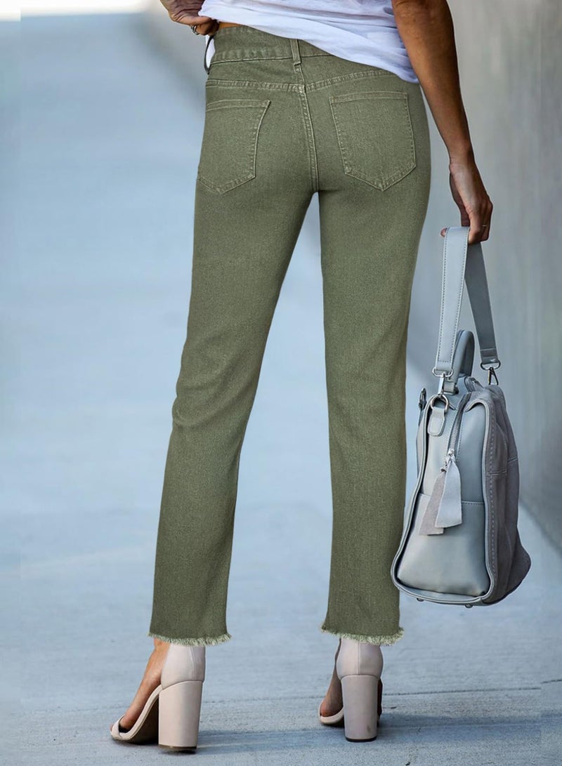 Sidefeel Women's Green Denim Pants High Waisted Summer Straight Leg Raw Hem Jeans Size 4 - Image 2