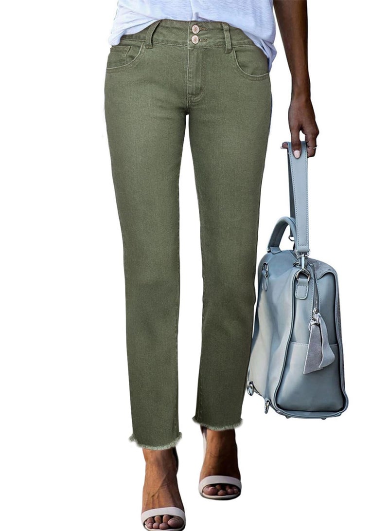 Sidefeel Women's Green Denim Pants High Waisted Summer Straight Leg Raw Hem Jeans Size 4 - Image 1