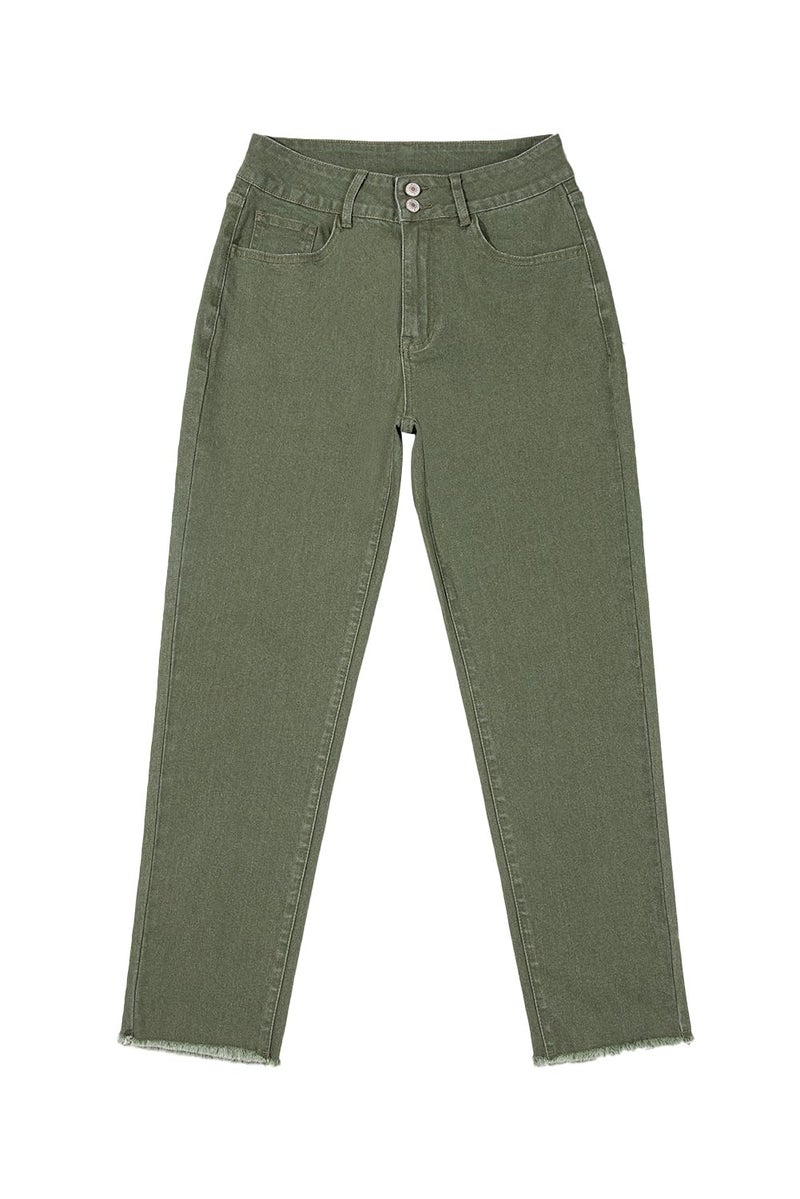 Sidefeel Women's Green Denim Pants High Waisted Summer Straight Leg Raw Hem Jeans Size 4 - Image 4