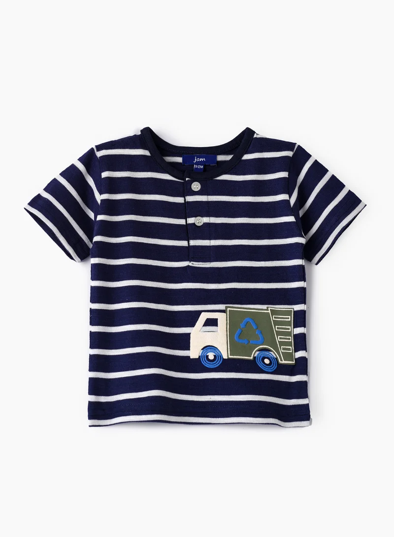 JAM Boys' Navy Blue Striped Truck Print Cotton T-Shirt