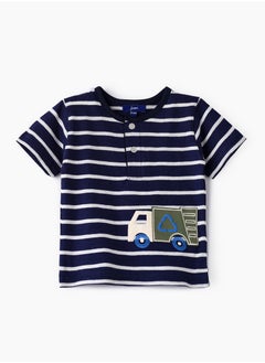 Boys' Navy Blue Striped Truck Print Cotton T-Shirt