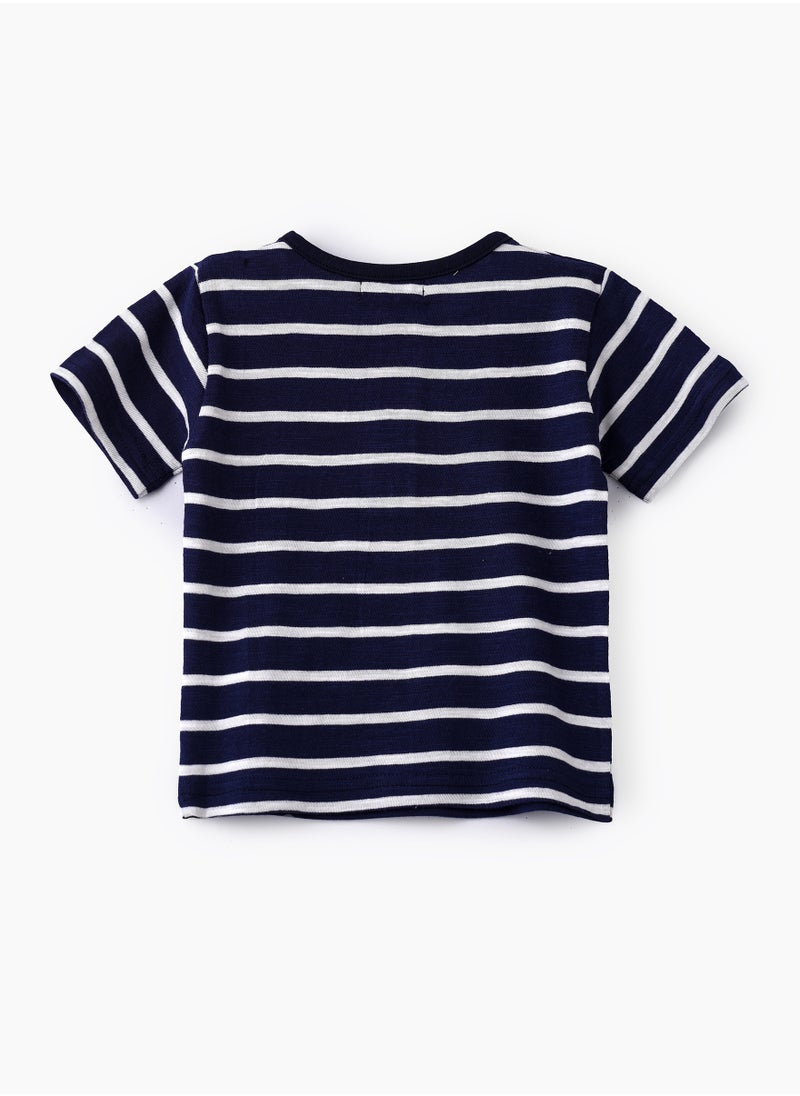 JAM - Boys' Navy Blue Striped Truck Print Cotton T-Shirt - Image 1