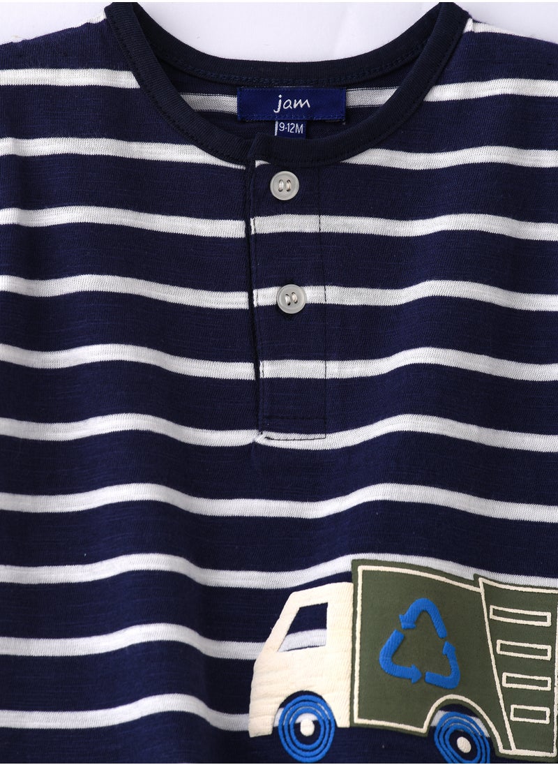 JAM - Boys' Navy Blue Striped Truck Print Cotton T-Shirt - Image 1