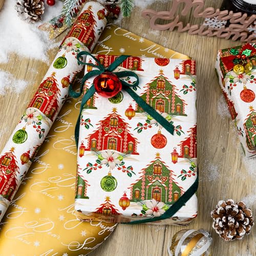 Yarcony Vintage Christmas Wrapping Paper Red ad Green Wrapping Paper Cute Gingerbread House Ornament Pattern Holiday Gift Wrap for Festive Gift Packaging Seasonal Supplies 17Inch x 33Feet - Image 5