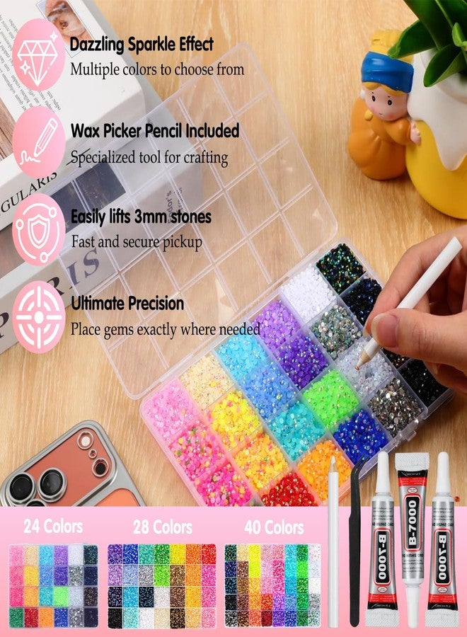 MeiAid 24000Pcs 24Colors Jelly Rhinestones 3mm, Multicolor Resin Flatback Rhinestones, Bedazzling Kit with 3Pcs 10ml B7000 Jewelry Glue for Nail Art, Diamond Painting, DIY Crafts and Decorations - Image 2