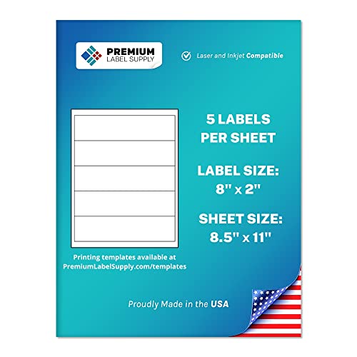Premium Label Supply Matte White Water Bottle Stickers- NOT Waterproof – 8" x 2" – Laser/Inkjet Compatible – (5 per Sheet), 25 Sheets – 125 Total Adhesive Labels - Image 1