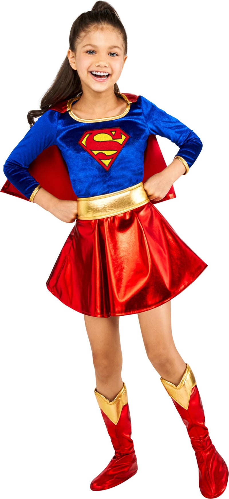 Rubies Unleash your childs inner superhero with the Super DC Heroes Supergirl Childs Costume available in size small 46 perfect for ages 34 years This vibrant blue and red dress features an eyecatching attached red cape shiny red and gold boot tops and a stylish gold belt that will make your little one feel just like Supergirl Ideal for superherothemed parties Halloween costumes or dressup play this fun and comfortable outfit encourages imaginative adventures for young fans of Supergirl and the Justice League Complete the look with matching accessories and explore other Justice League members costumes for a fantastic group ensemble Let your child soar into a world of heroism and funorder the Supergirl costume today 