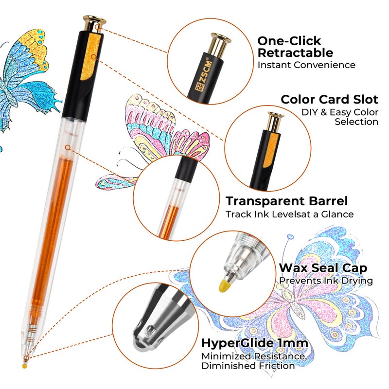 ZSCM Retractable Super Glitter Gel Pens, 12 Colors Large Capacity Metallic Sparkle Gel Ink Pens, 1 mm Fine Point Smooth Writing Color Pen for Adult Coloring Book Note Taking Aesthetic Art Supplies - Image 2