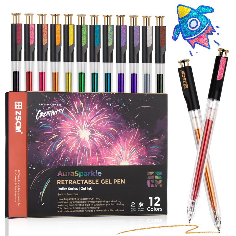 ZSCM Retractable Super Glitter Gel Pens, 12 Colors Large Capacity Metallic Sparkle Gel Ink Pens, 1 mm Fine Point Smooth Writing Color Pen for Adult Coloring Book Note Taking Aesthetic Art Supplies - Image 1