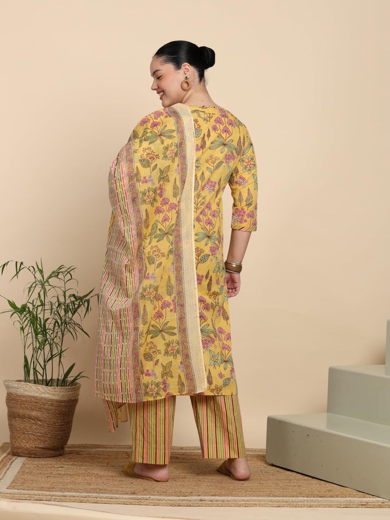 Yash Gallery Women’s Yellow Floral Printed Cambric Cotton Kurta Set with Striped Pants & Dupatta - Image 5