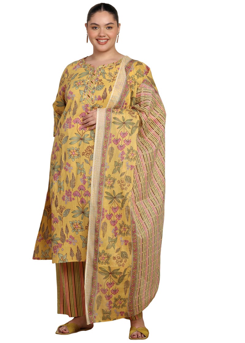 Yash Gallery Women’s Yellow Floral Printed Cambric Cotton Kurta Set with Striped Pants & Dupatta - Image 1