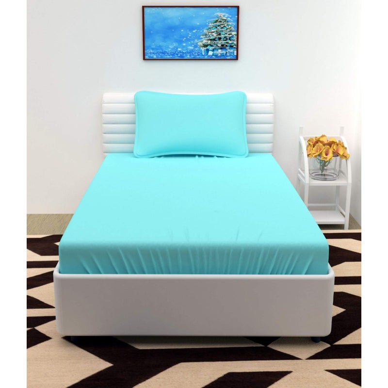 BROMWICK 220 TC Solid Microfiber Single Bedsheet with 1 Pillow Cover for Single Bed, Single Bed Bedsheet Size (90x60 Inch)-(Aqua Blue) - Image 1