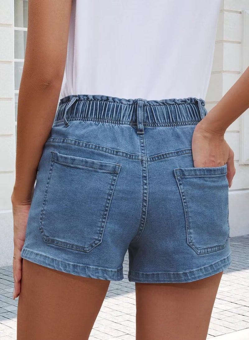 FEKOAFE Womens Casual Drawstring Shorts 2026 Elastic Waist Summer Stretchy Jean Shorts for Women with Pockets Blue Large - Image 5