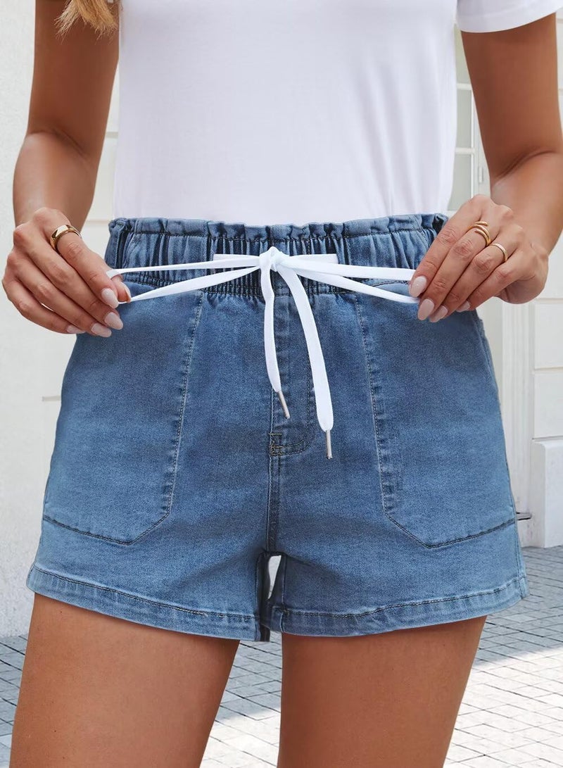 FEKOAFE Womens Casual Drawstring Shorts 2026 Elastic Waist Summer Stretchy Jean Shorts for Women with Pockets Blue Large - Image 3