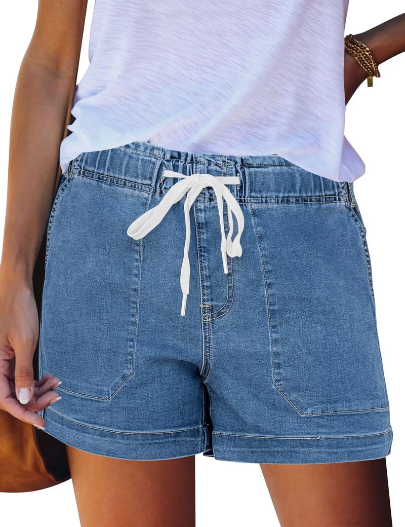 FEKOAFE Womens Casual Drawstring Shorts 2026 Elastic Waist Summer Stretchy Jean Shorts for Women with Pockets Blue Large - Image 1