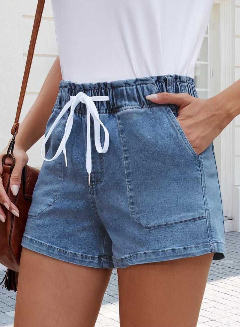 FEKOAFE Womens Casual Drawstring Shorts 2026 Elastic Waist Summer Stretchy Jean Shorts for Women with Pockets Blue Large - Image 4