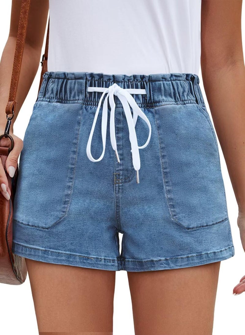 FEKOAFE Womens Casual Drawstring Shorts 2026 Elastic Waist Summer Stretchy Jean Shorts for Women with Pockets Blue Large - Image 2