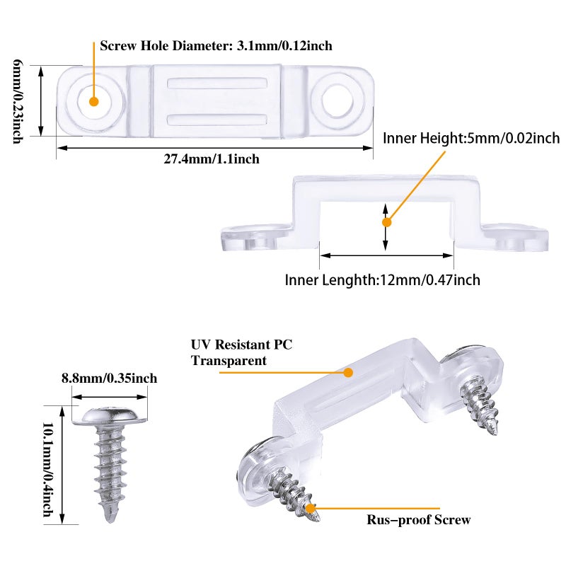 Qunclay 300 Pcs LED Light Strip Clips Clear Strip Light Mounting Brackets LED Holder Clamp Outdoor with Screws 12 mm Wide for Holidays Party Decor Ip67/68 - Image 2