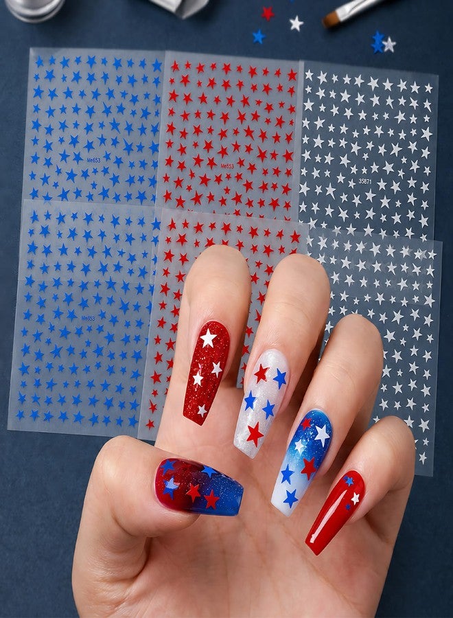 Asofelk 6PCS 4th of July Nail Stickers for Nail Art, 3D Self-Adhesive Star Nail Decals, Red White Blue Patriotic American Flag Designs, Independence Day Memorial Day Acrylic Nails Decoration for Women - Image 1