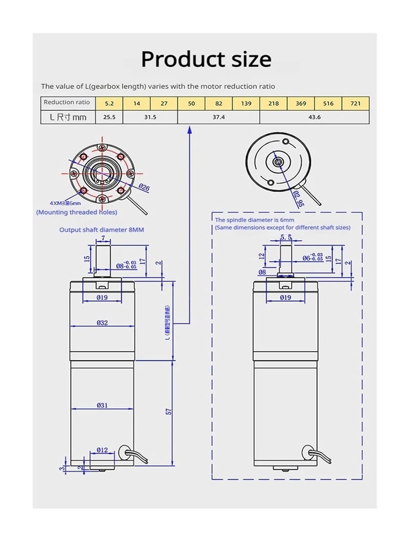 محرك تخفيض 32GP-31ZY DC12V 24V منخفض السرعة وعزم دوران عالي محرك دقيق ذو تروس كوكبية 11R 15R 112R 160R 296R 421R 1154R 2160R مع حامل (80 دورة في الدقيقة، 12 فولت، عمود 6 مم) - Image 4
