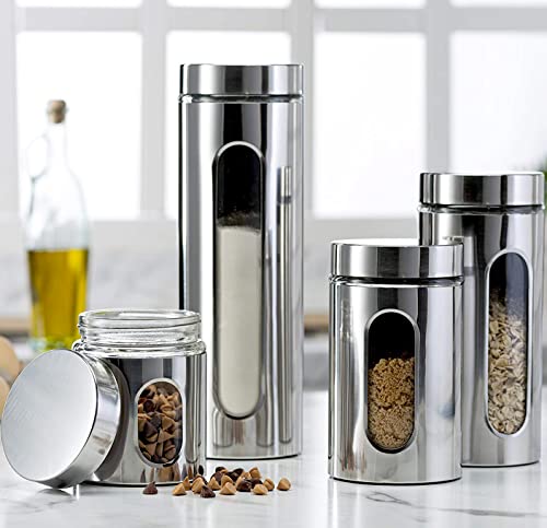 Le'raze Quality 4pc Stainless Steel Canister Set for Kitchen Counter with Glass Window & Airtight Lids, Food Storage Containers, Pantry Storage & Organization Set for Coffee, Flour, Pasta, Rice, Spices, Herbs - Image 1