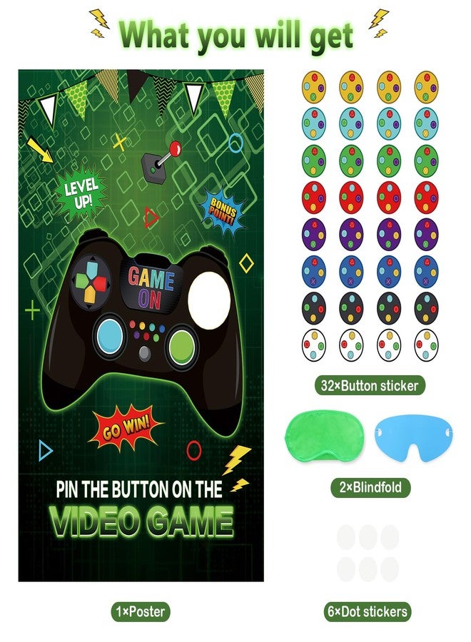 Eaezerav Pin The Button on The Video Game Party Game 32 Video Game Button Stickers Large Poster Video Game Birthday Party Decoration for Kids - Image 2