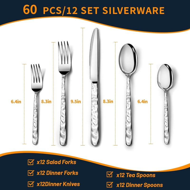 NICE KITCHEN 60 Piece Silverware Set for 12 FoodGrade Stainless Steel Utensils Set Includes Spoons Forks Knives Sturdy Home Kitchen Eating Tableware SetWave Style Design  Mirror Polished  Dishwasher Safe - Image 2