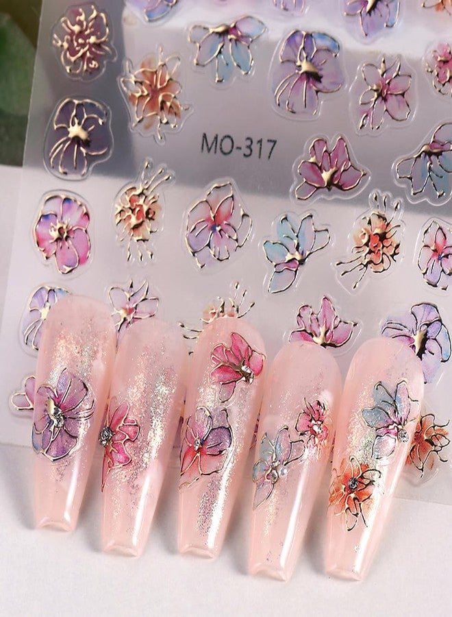 JALIYA 3D Dreamy Purple Gold Flower Nail Stickers for Women Bronzing Gold Hydrangea Nail Art Stickers Flower Nail Decals for Nail Art Supplies Spring Flowers Nail Sticker Manicure Decor Decal - Image 4