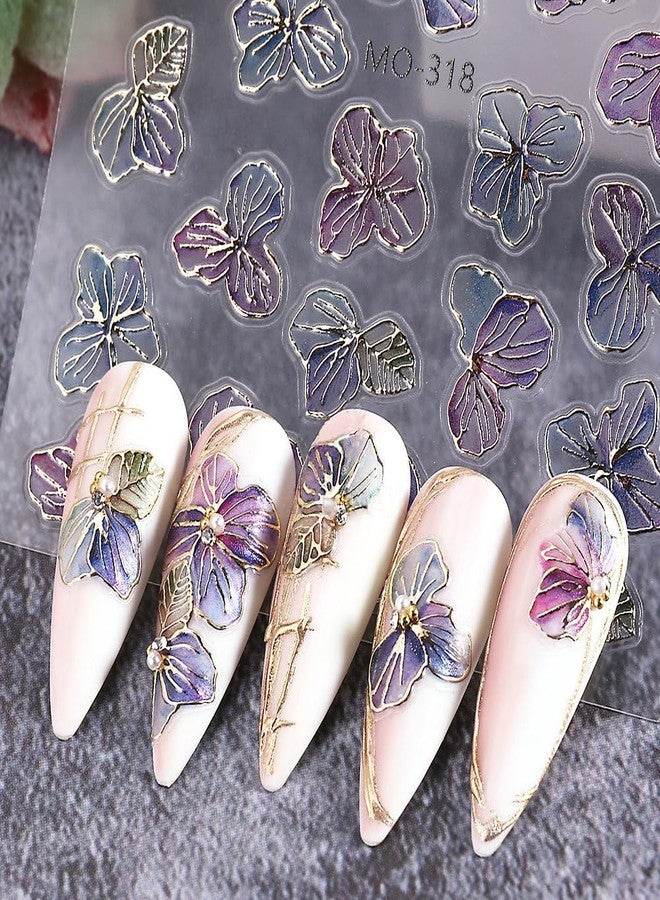 JALIYA 3D Dreamy Purple Gold Flower Nail Stickers for Women Bronzing Gold Hydrangea Nail Art Stickers Flower Nail Decals for Nail Art Supplies Spring Flowers Nail Sticker Manicure Decor Decal - Image 5