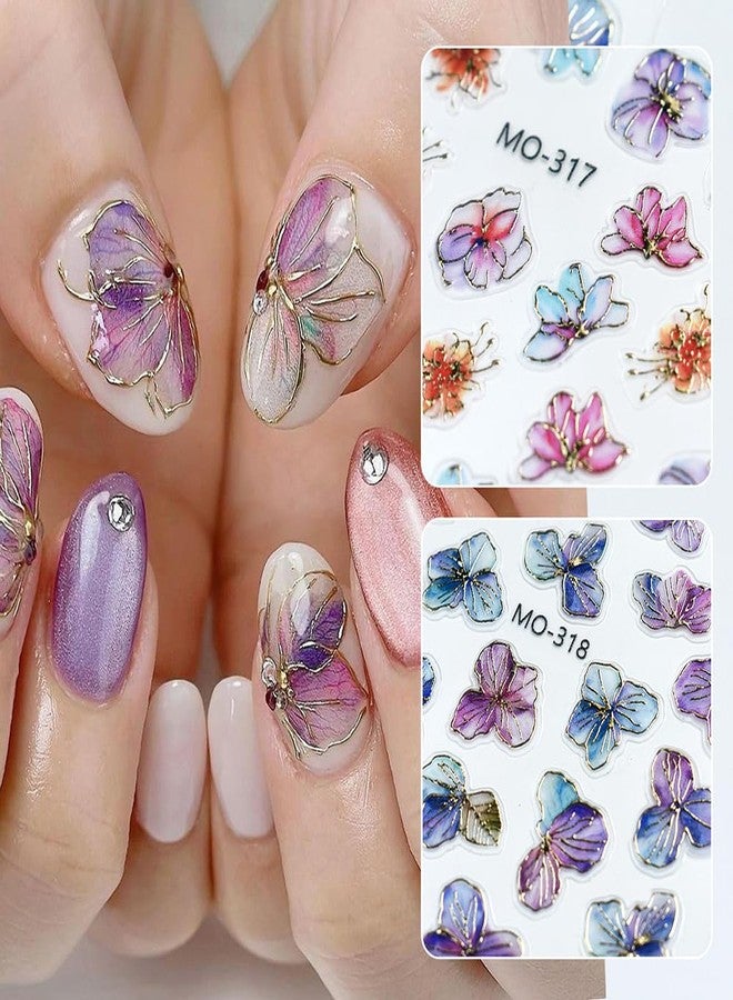 JALIYA 3D Dreamy Purple Gold Flower Nail Stickers for Women Bronzing Gold Hydrangea Nail Art Stickers Flower Nail Decals for Nail Art Supplies Spring Flowers Nail Sticker Manicure Decor Decal - Image 2