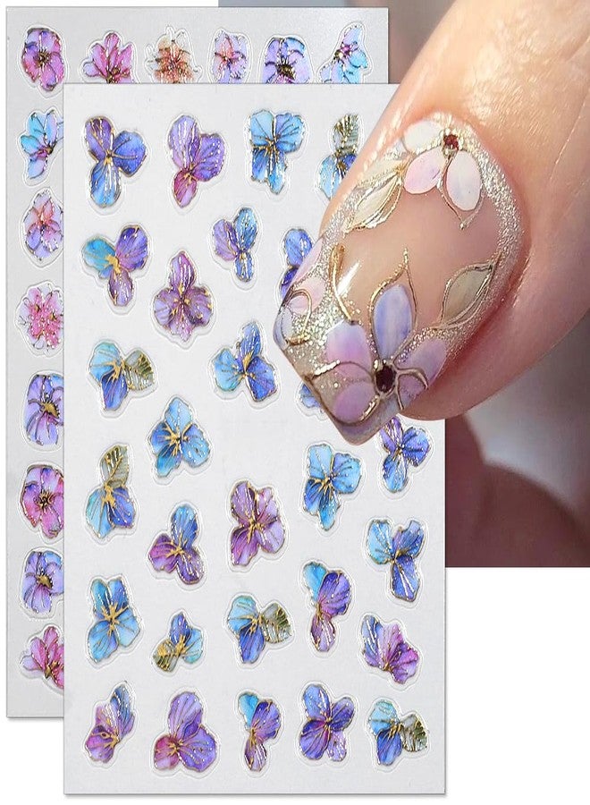 JALIYA 3D Dreamy Purple Gold Flower Nail Stickers for Women Bronzing Gold Hydrangea Nail Art Stickers Flower Nail Decals for Nail Art Supplies Spring Flowers Nail Sticker Manicure Decor Decal - Image 1
