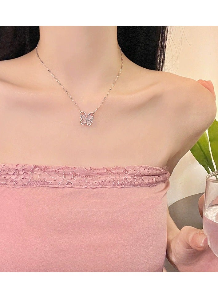 Goolsky Double-Layer Pearl Butterfly Necklace – Cat’s Eye Stone & Hollow Design | Edgy Sweet Choker for Women  - Image 2