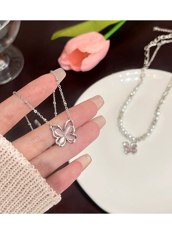 Goolsky Double-Layer Pearl Butterfly Necklace – Cat’s Eye Stone & Hollow Design | Edgy Sweet Choker for Women  - Image 3