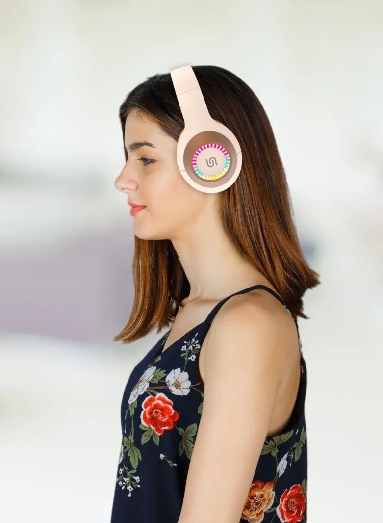 porodo Radiant Wireless Headphone With LED Lights and 5 Hours Working Time / Bluetooth and Wired - Beige / Orange  - Image 2