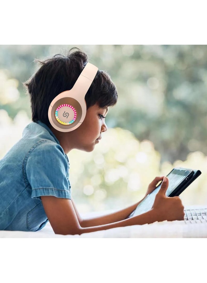 porodo Radiant Wireless Headphone With LED Lights and 5 Hours Working Time / Bluetooth and Wired - Beige / Orange  - Image 3