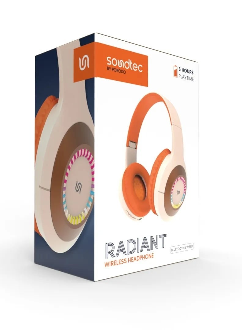 porodo Radiant Wireless Headphone With LED Lights and 5 Hours Working Time / Bluetooth and Wired - Beige / Orange  - Image 5