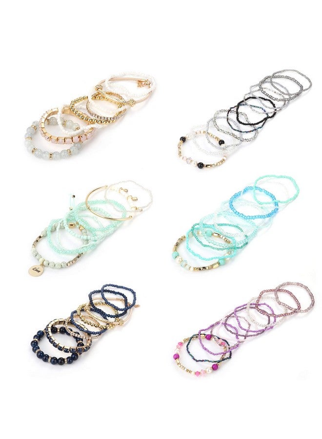 LOYALLOOK 6 Sets Bohemian Stackable Bead Bracelets For Women Stretch Bohemian Style Stretch Multilayered Boho Bracelet Set - Image 4