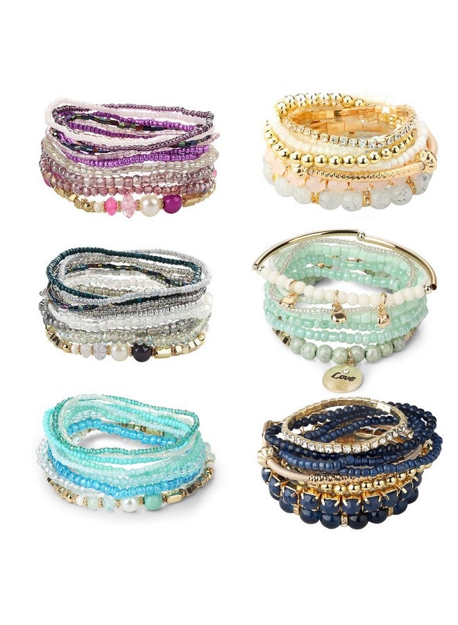 LOYALLOOK 6 Sets Bohemian Stackable Bead Bracelets For Women Stretch Bohemian Style Stretch Multilayered Boho Bracelet Set - Image 1